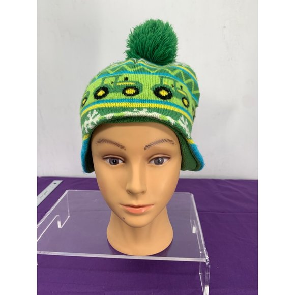 John Deer Toddle One Size Tractor Snowflake Green Blue Beanie Hat Pompom - Picture 9 of 12